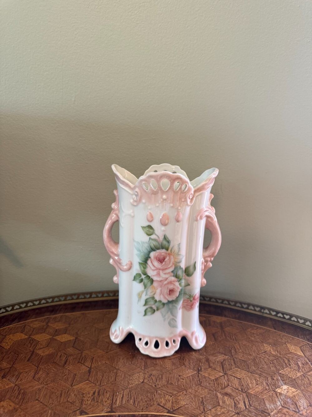 Vintage Schafer Hand‑Painted Porcelain Vase – Pink Floral – Ornate Cut‑Out